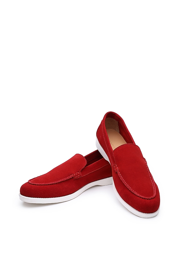 Red Suede Slip-On Shoes by SHUTIQ at Pernia's Pop Up Shop