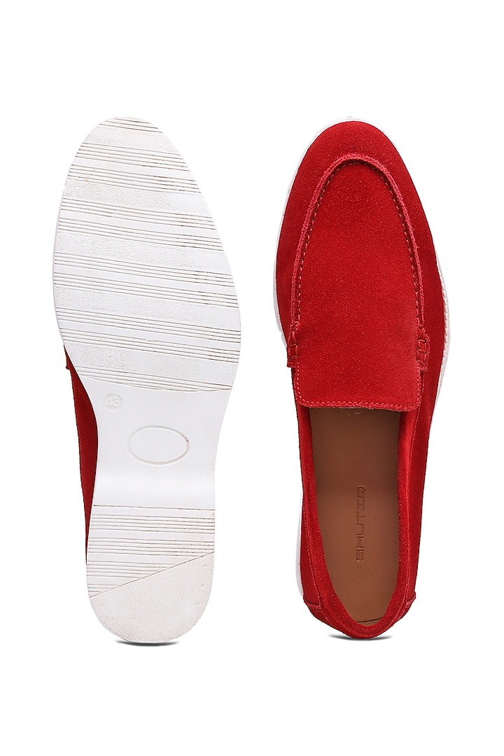 Red Suede Slip-On Shoes by SHUTIQ at Pernia's Pop Up Shop