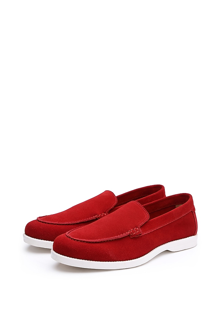 Red Suede Slip-On Shoes by SHUTIQ at Pernia's Pop Up Shop