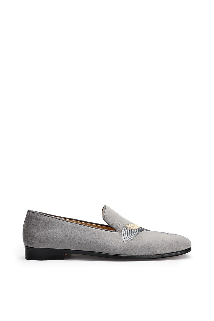 Grey Velvet Hand Embroidered Slip-On Shoes by SHUTIQ at Pernia's Pop Up Shop