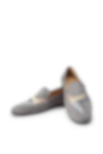 Grey Velvet Hand Embroidered Slip-On Shoes by SHUTIQ