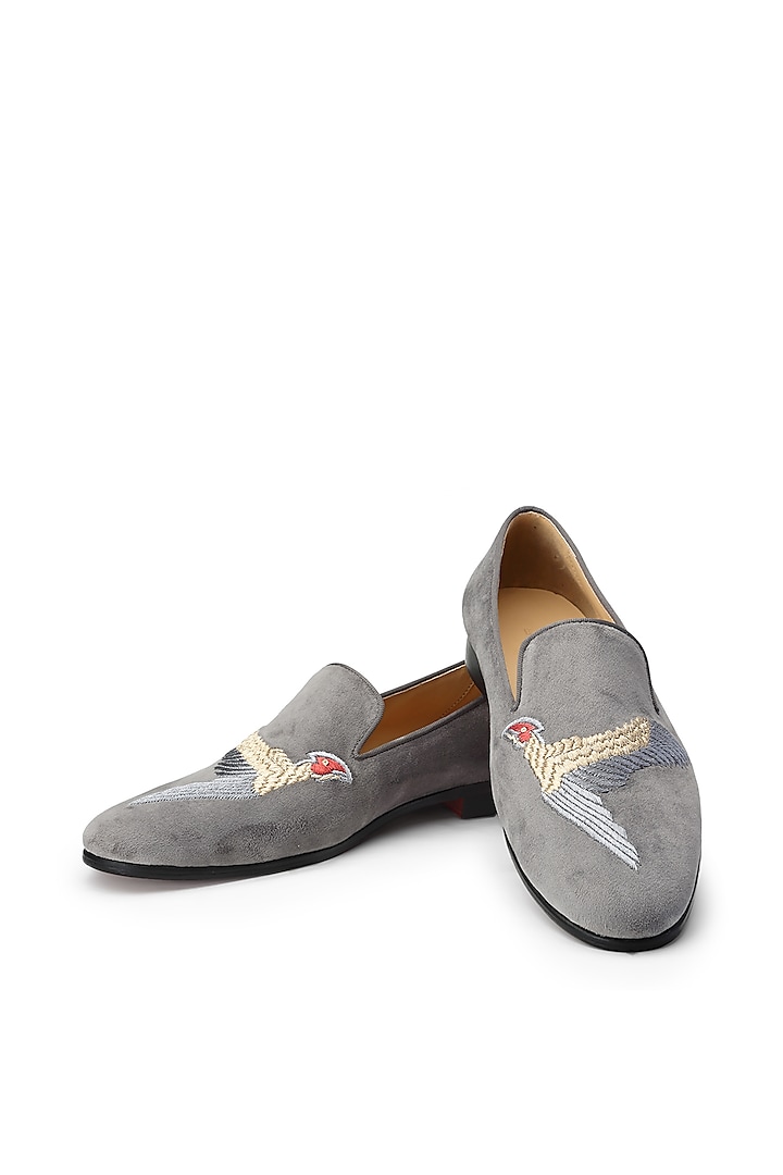 Grey Velvet Hand Embroidered Slip-On Shoes by SHUTIQ