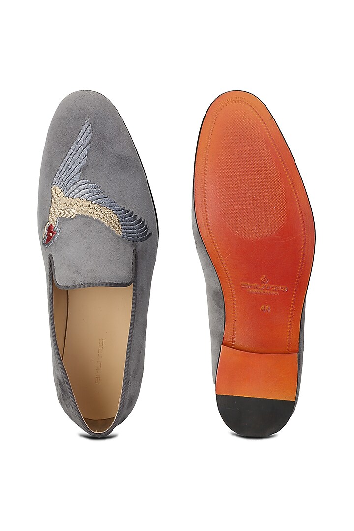Grey Velvet Hand Embroidered Slip-On Shoes by SHUTIQ at Pernia's Pop Up Shop