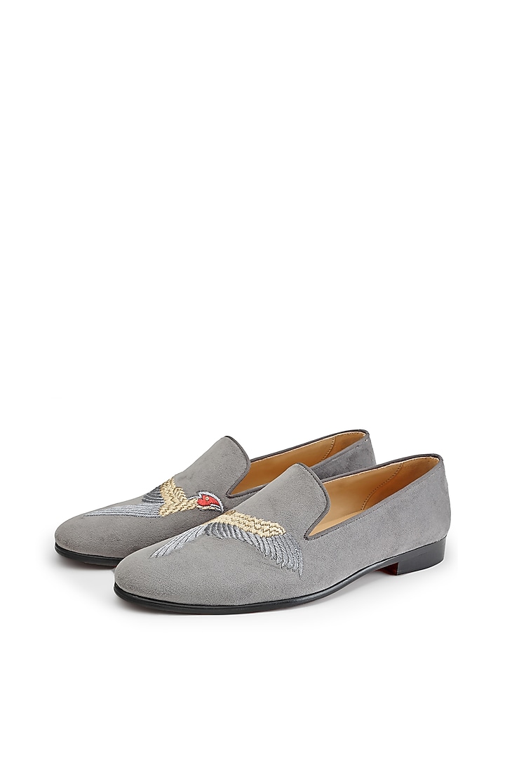 Grey Velvet Hand Embroidered Slip-On Shoes by SHUTIQ at Pernia's Pop Up Shop