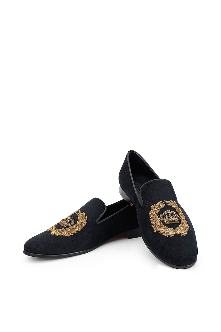Black Velvet Embroidered Slip-On Shoes by SHUTIQ at Pernia's Pop Up Shop