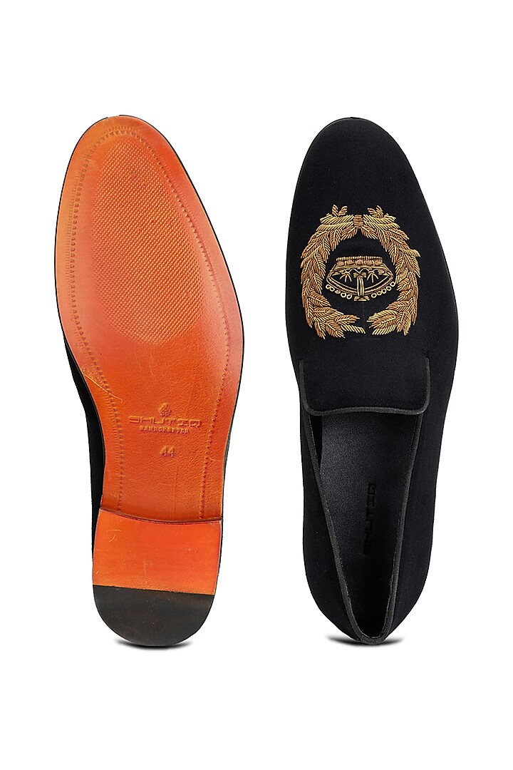 Black Velvet Embroidered Slip-On Shoes by SHUTIQ at Pernia's Pop Up Shop