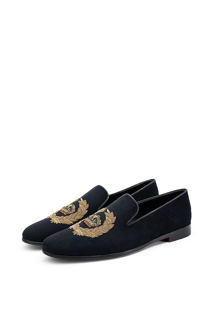 Black Velvet Embroidered Slip-On Shoes by SHUTIQ at Pernia's Pop Up Shop