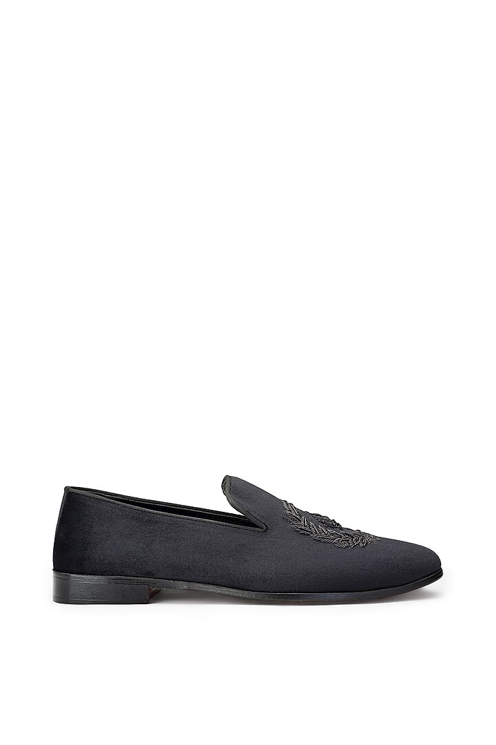 Black Velvet Embroidered Slip-On Shoes by SHUTIQ at Pernia's Pop Up Shop