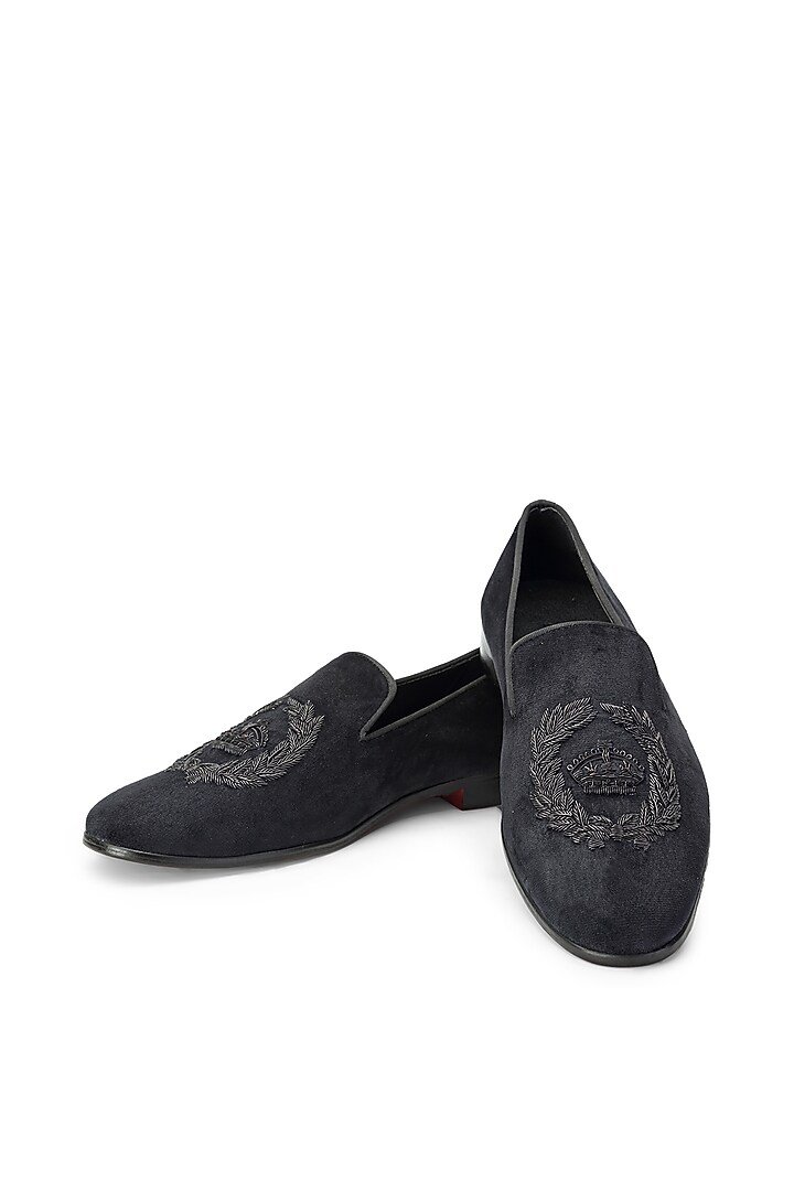 Black Velvet Embroidered Slip-On Shoes by SHUTIQ at Pernia's Pop Up Shop