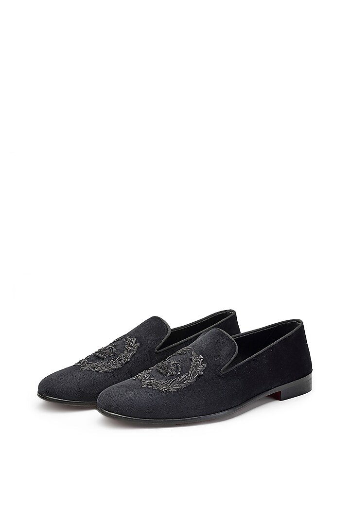 Black Velvet Embroidered Slip-On Shoes by SHUTIQ at Pernia's Pop Up Shop