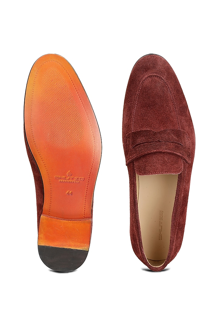 Burgundy Suede Slip-On Shoes by SHUTIQ at Pernia's Pop Up Shop