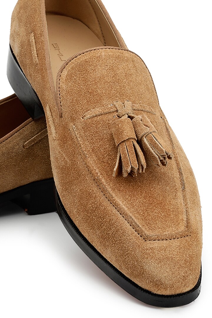 Tan Suede Slip-On Shoes by SHUTIQ at Pernia's Pop Up Shop