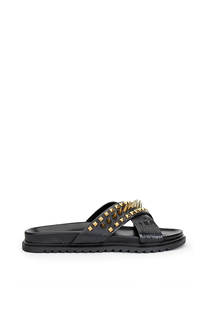 Black Croco Leather Embellished Slippers by SHUTIQ at Pernia's Pop Up Shop