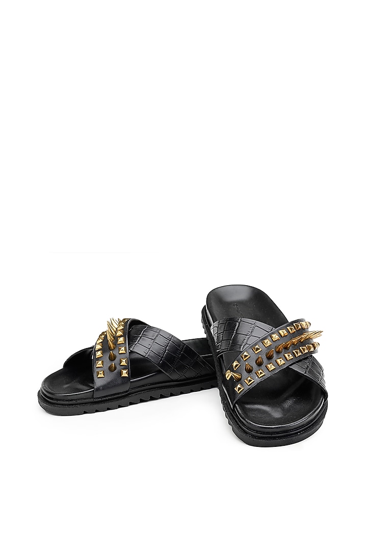 Black Croco Leather Embellished Slippers by SHUTIQ at Pernia's Pop Up Shop