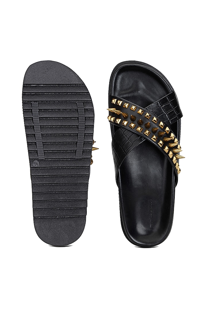 Black Croco Leather Embellished Slippers by SHUTIQ at Pernia's Pop Up Shop