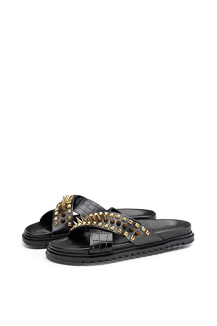 Black Croco Leather Embellished Slippers by SHUTIQ at Pernia's Pop Up Shop