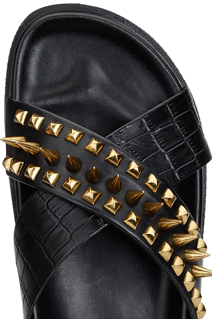 Black Croco Leather Embellished Slippers by SHUTIQ at Pernia's Pop Up Shop