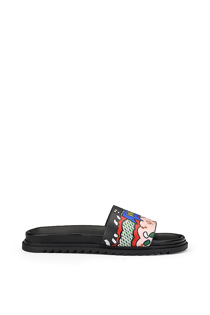 Black Leather Hand Painted Slippers by SHUTIQ at Pernia's Pop Up Shop