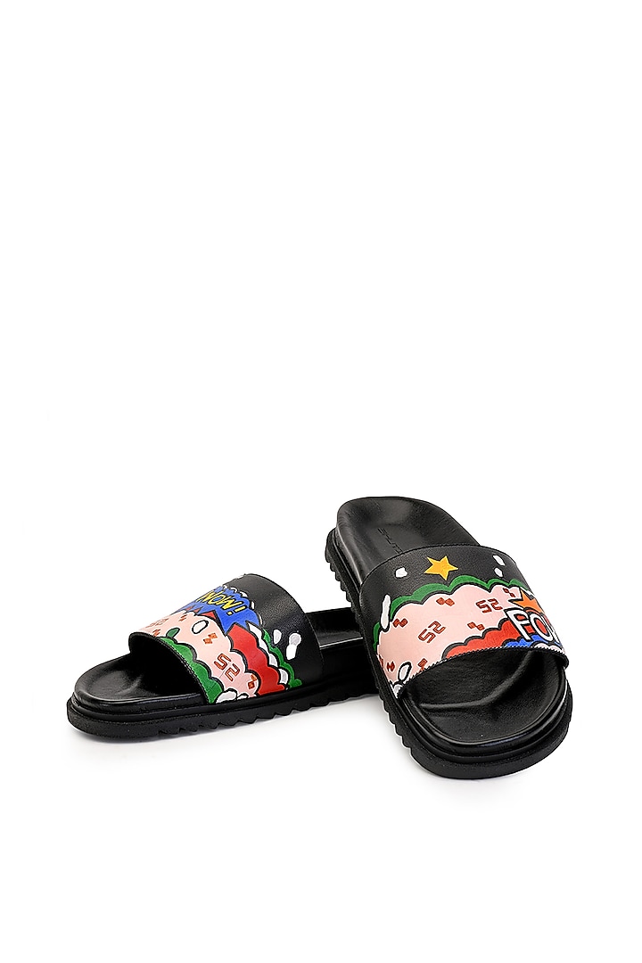 Black Leather Hand Painted Slippers by SHUTIQ