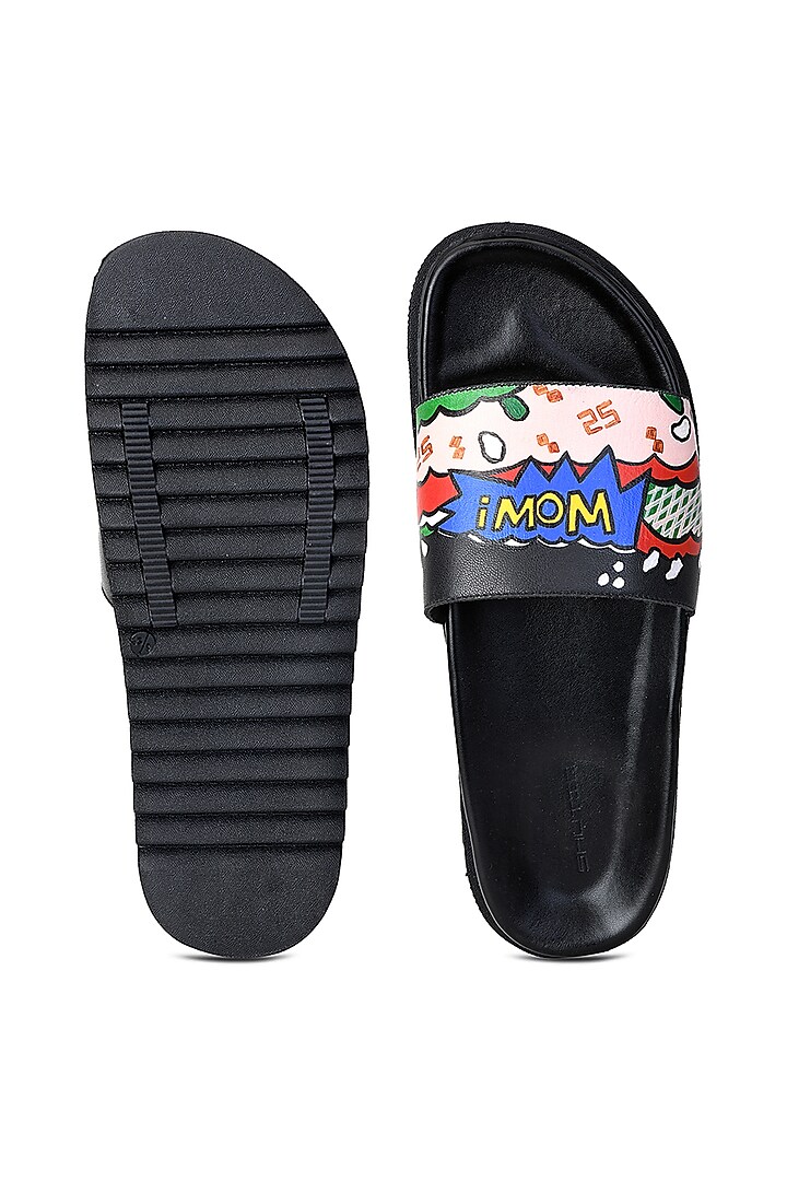 Black Leather Hand Painted Slippers by SHUTIQ at Pernia's Pop Up Shop