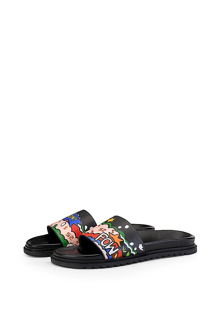 Black Leather Hand Painted Slippers by SHUTIQ at Pernia's Pop Up Shop