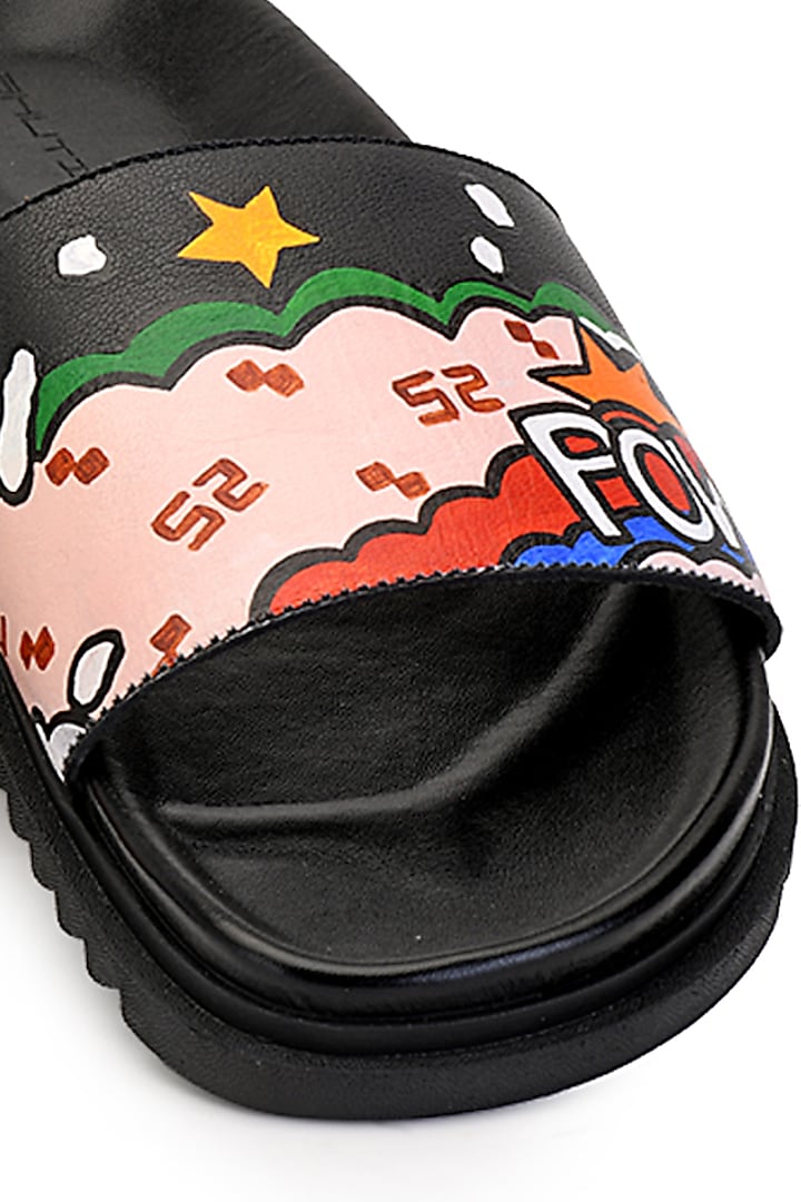 Black Leather Hand Painted Slippers by SHUTIQ at Pernia's Pop Up Shop