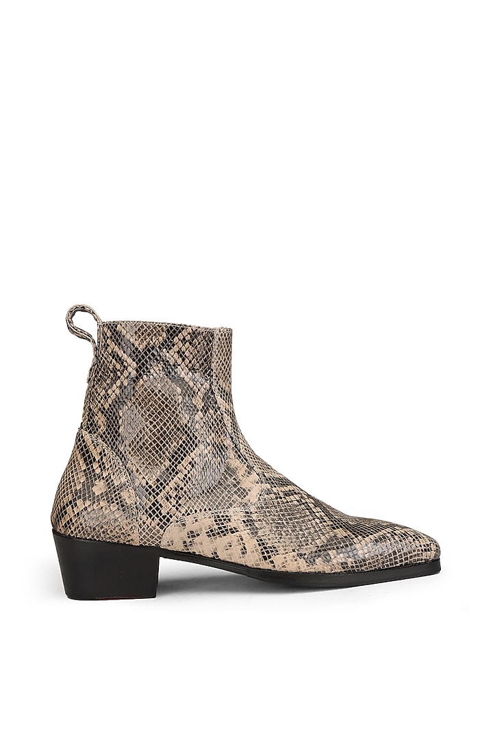 Brown Leather Printed Boots by SHUTIQ at Pernia's Pop Up Shop