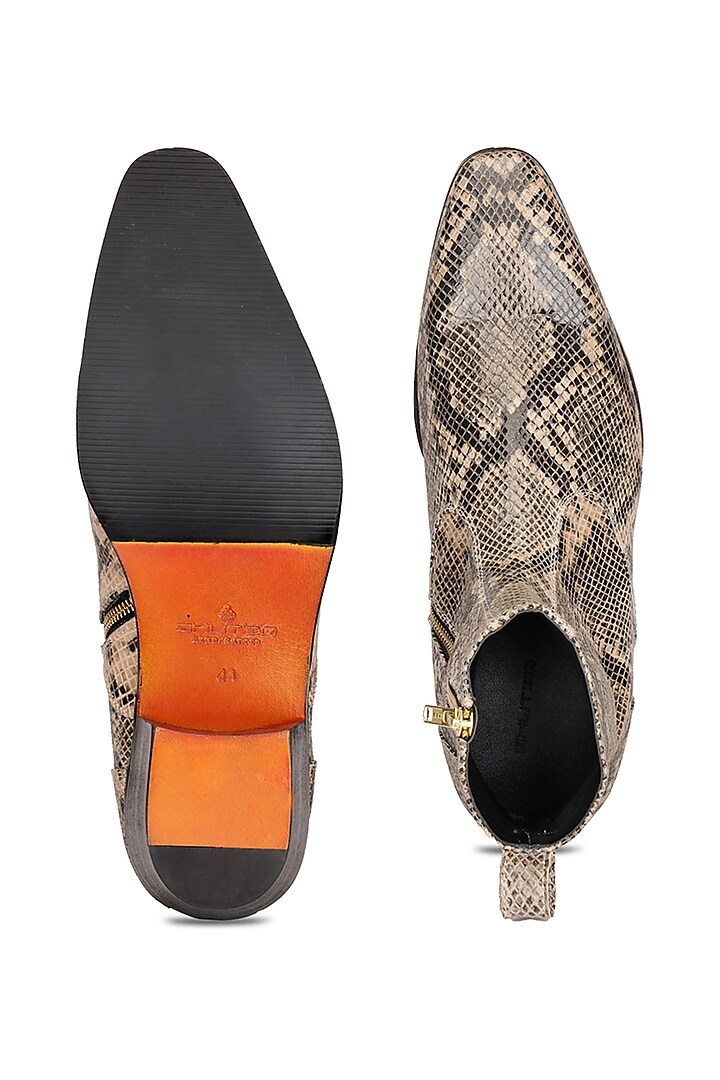 Brown Leather Printed Boots by SHUTIQ at Pernia's Pop Up Shop