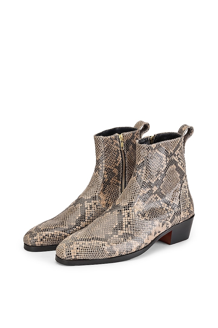 Brown Leather Printed Boots by SHUTIQ at Pernia's Pop Up Shop