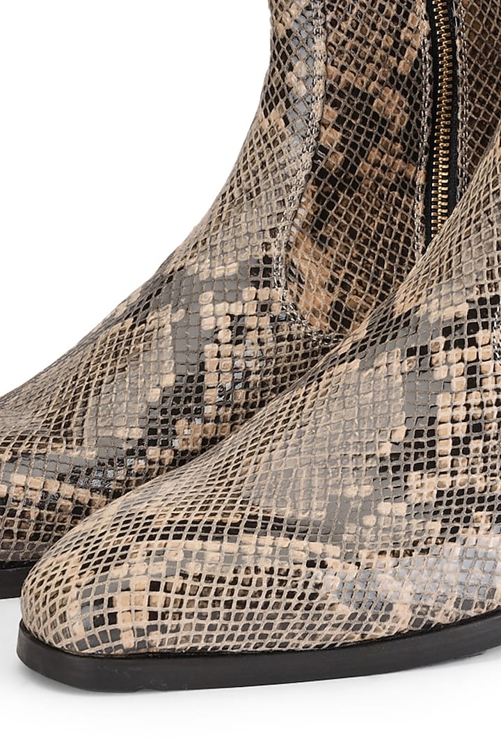 Brown Leather Printed Boots by SHUTIQ at Pernia's Pop Up Shop