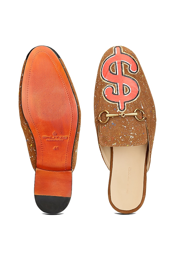 Tan Suede Hand Painted Mules by SHUTIQ at Pernia's Pop Up Shop