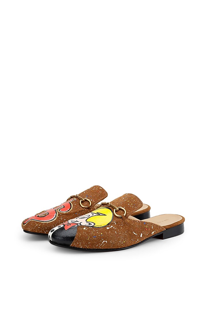 Tan Suede Hand Painted Mules by SHUTIQ at Pernia's Pop Up Shop