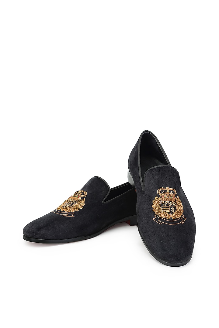 Black Velvet Embroidered Slip-On Shoes by SHUTIQ at Pernia's Pop Up Shop