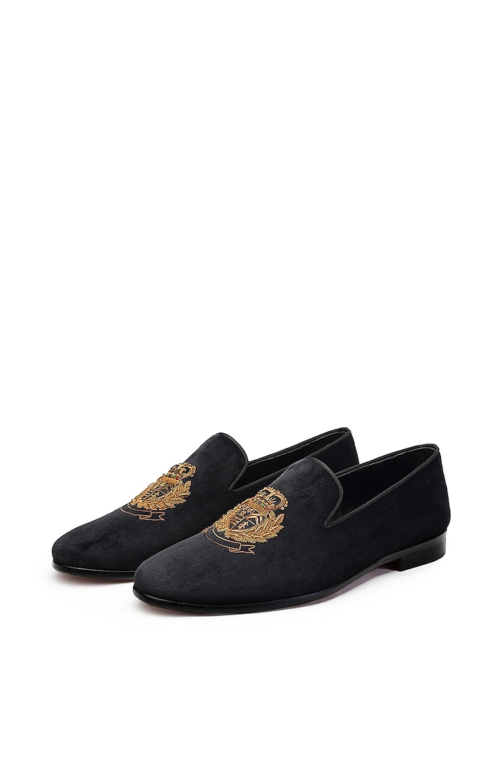 Black Velvet Embroidered Slip-On Shoes by SHUTIQ at Pernia's Pop Up Shop