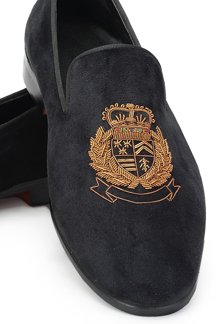 Black Velvet Embroidered Slip-On Shoes by SHUTIQ at Pernia's Pop Up Shop