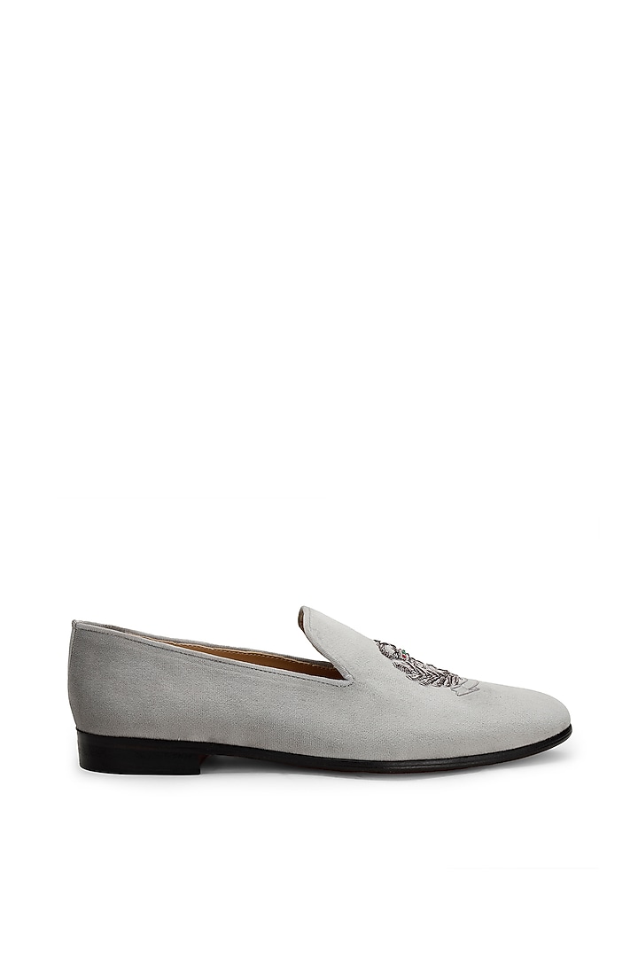 Grey Velvet Hand Embroidered Slip-On Shoes by SHUTIQ at Pernia's Pop Up Shop
