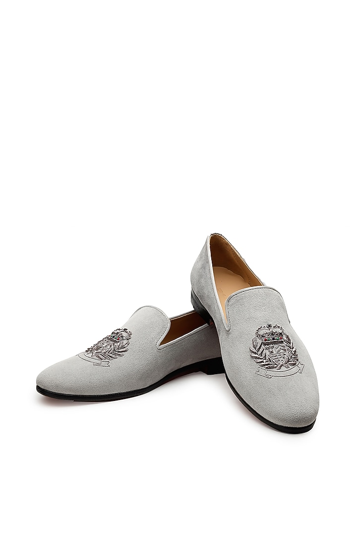 Grey Velvet Hand Embroidered Slip-On Shoes by SHUTIQ at Pernia's Pop Up Shop