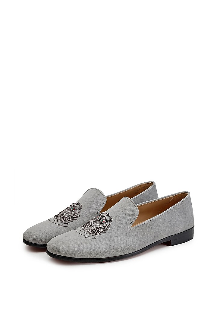 Grey Velvet Hand Embroidered Slip-On Shoes by SHUTIQ at Pernia's Pop Up Shop