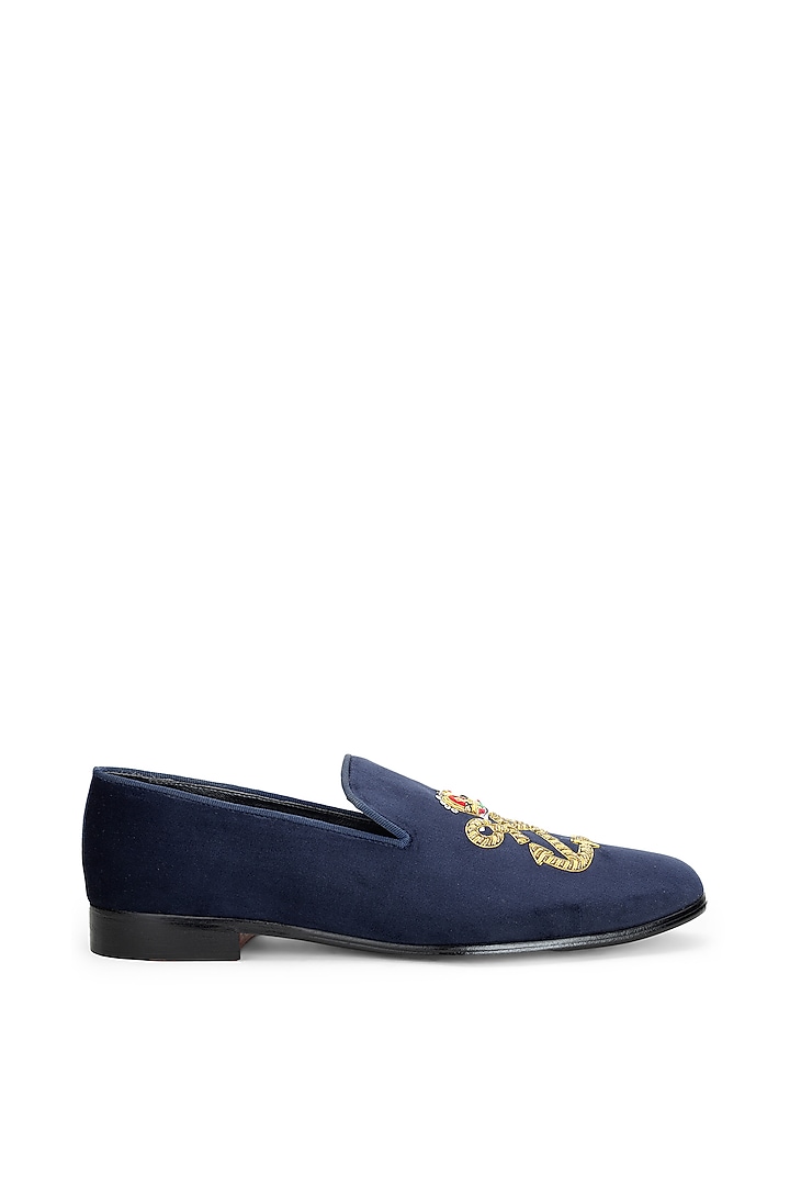 Blue Velvet Hand Embroidered Slip-On Shoes by SHUTIQ at Pernia's Pop Up Shop