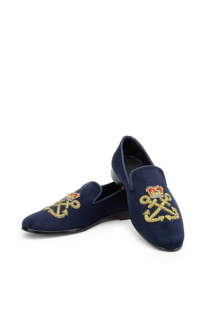 Blue Velvet Hand Embroidered Slip-On Shoes by SHUTIQ at Pernia's Pop Up Shop