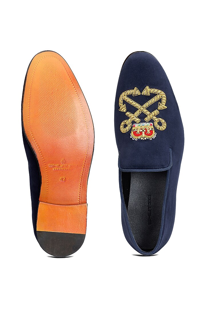 Blue Velvet Hand Embroidered Slip-On Shoes by SHUTIQ at Pernia's Pop Up Shop