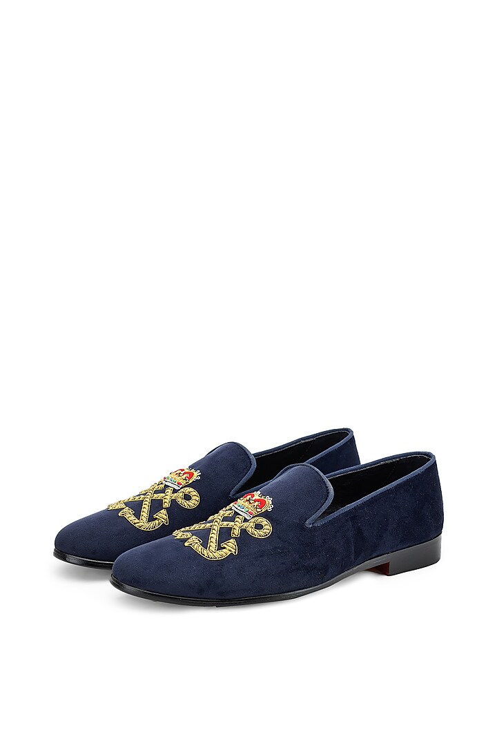 Blue Velvet Hand Embroidered Slip-On Shoes by SHUTIQ at Pernia's Pop Up Shop