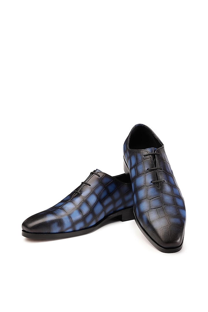 Blue & Black Croco Leather Lace-up Shoes by SHUTIQ at Pernia's Pop Up Shop