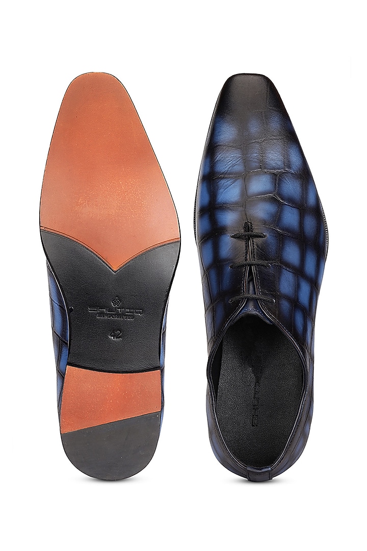 Blue & Black Croco Leather Lace-up Shoes by SHUTIQ at Pernia's Pop Up Shop