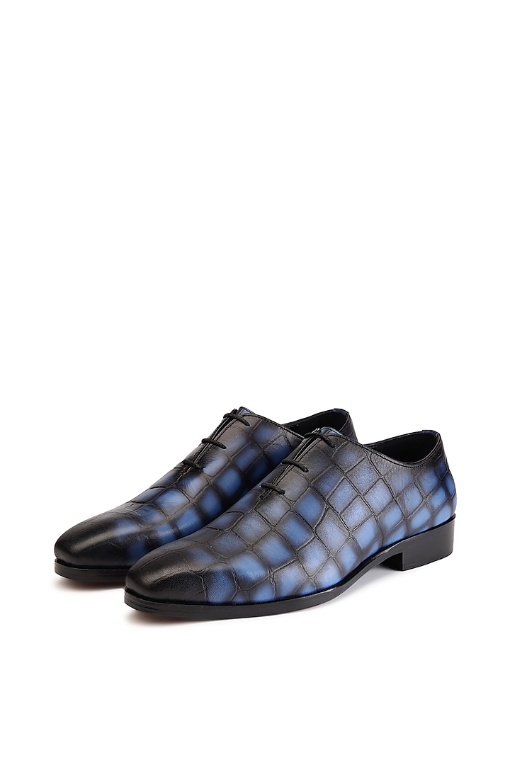 Blue & Black Croco Leather Lace-up Shoes by SHUTIQ at Pernia's Pop Up Shop