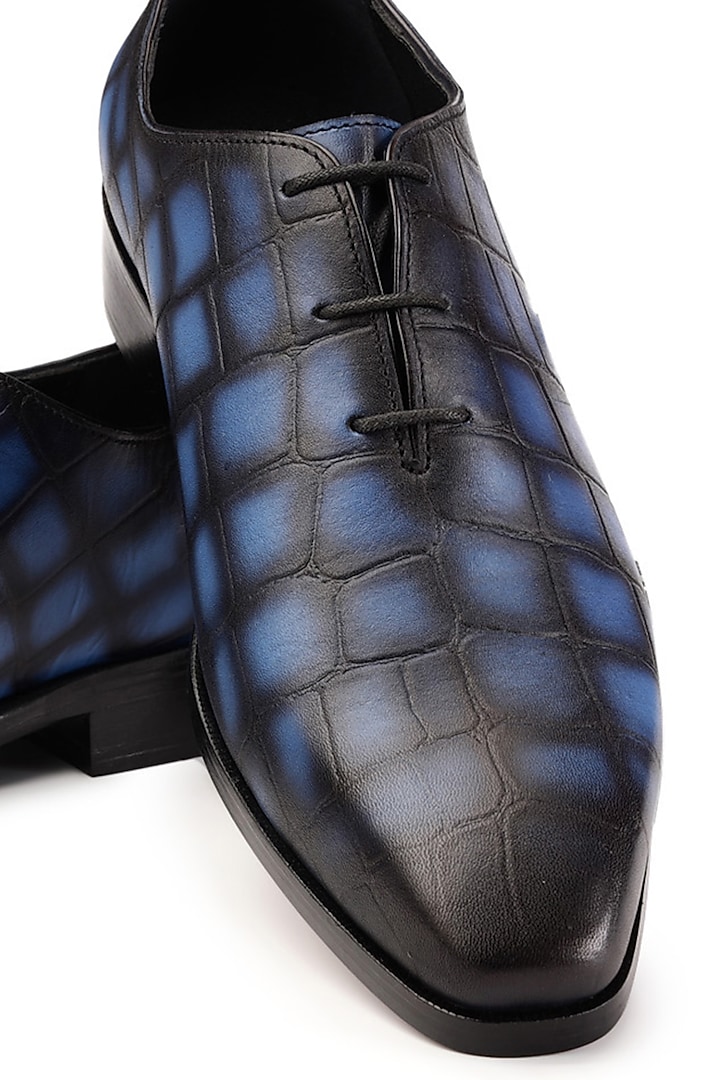 Blue & Black Croco Leather Lace-up Shoes by SHUTIQ at Pernia's Pop Up Shop