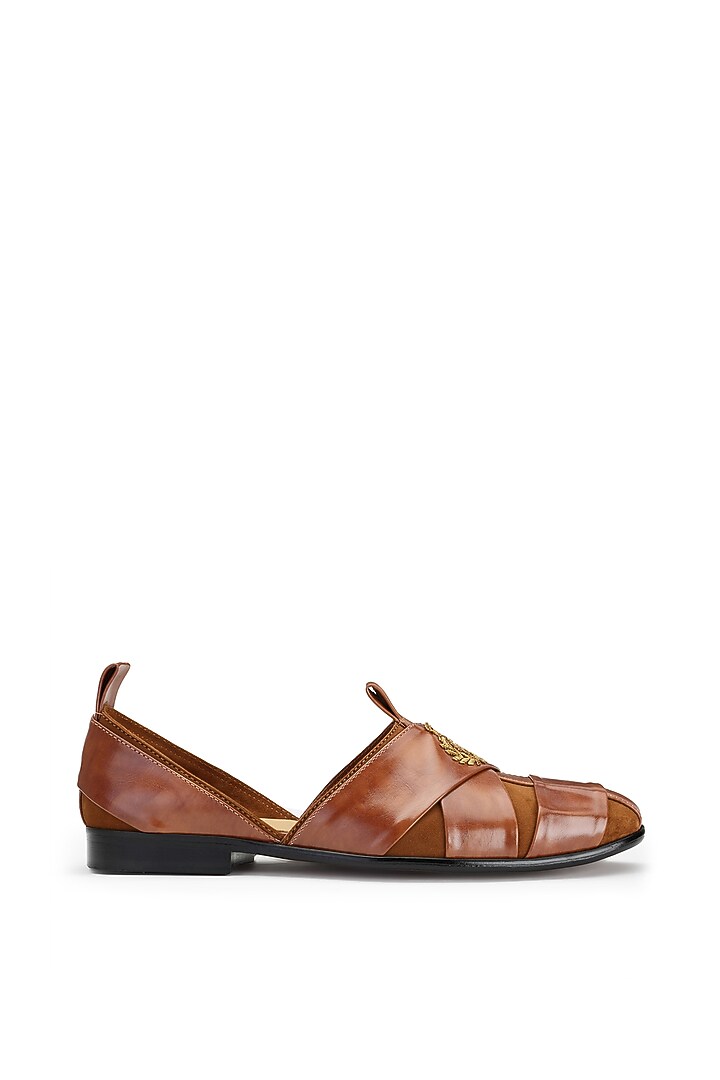 Tan Leather & Suede Hand Embroidered Shoes by SHUTIQ at Pernia's Pop Up Shop