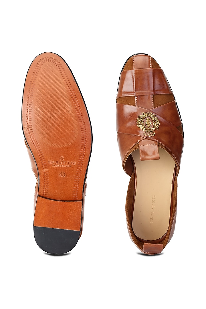 Tan Leather & Suede Hand Embroidered Shoes by SHUTIQ at Pernia's Pop Up Shop