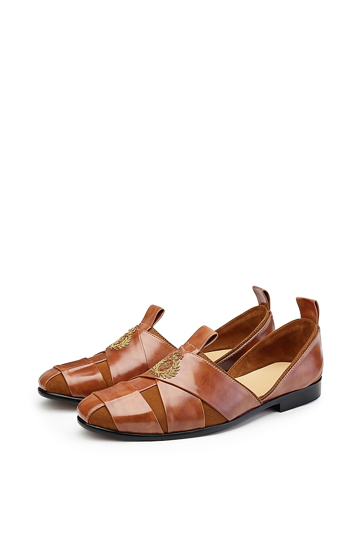 Tan Leather & Suede Hand Embroidered Shoes by SHUTIQ at Pernia's Pop Up Shop