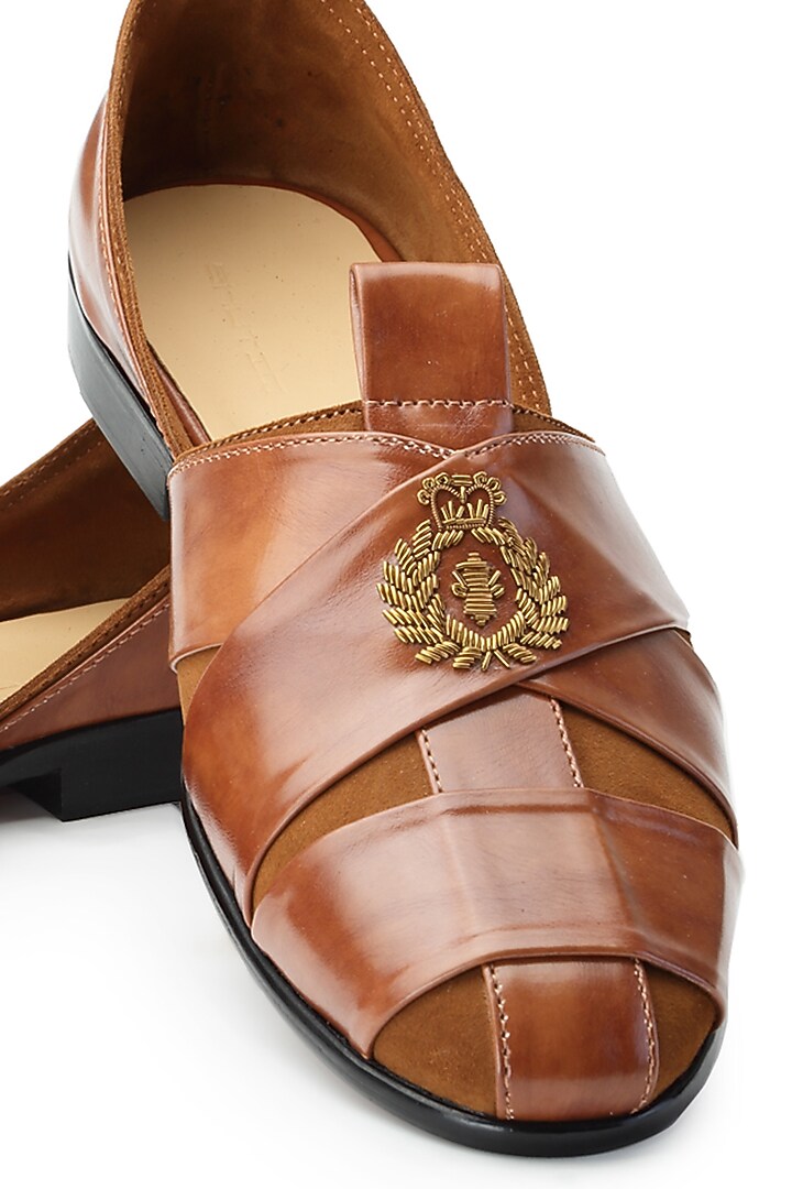 Tan Leather & Suede Hand Embroidered Shoes by SHUTIQ at Pernia's Pop Up Shop